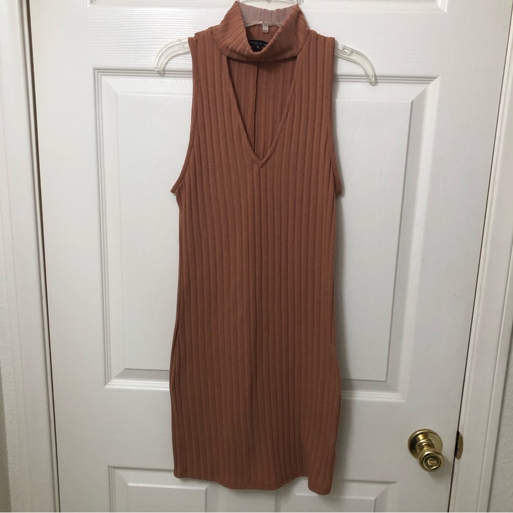 Kendall & Kylie Ribbed Tan Brown Mock Sweater Knit Dress Sleeveless Women Small